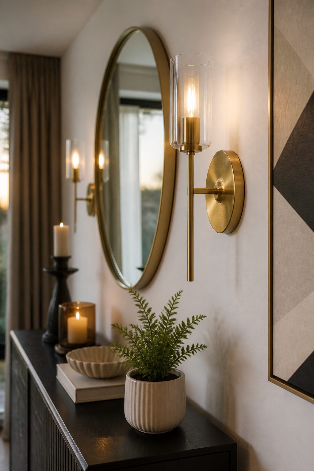 A wall sconce being secured to its mounting bracket.