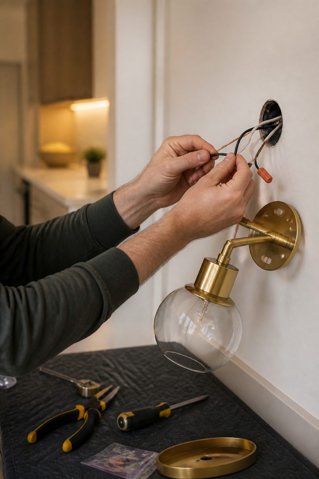 Close-up of hands twisting electrical wires together for a wall sconce.