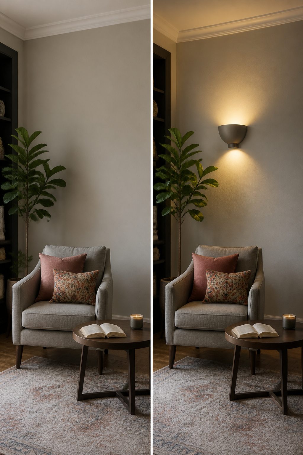 A wall sconce with an upward-facing shade in a well-lit room.
