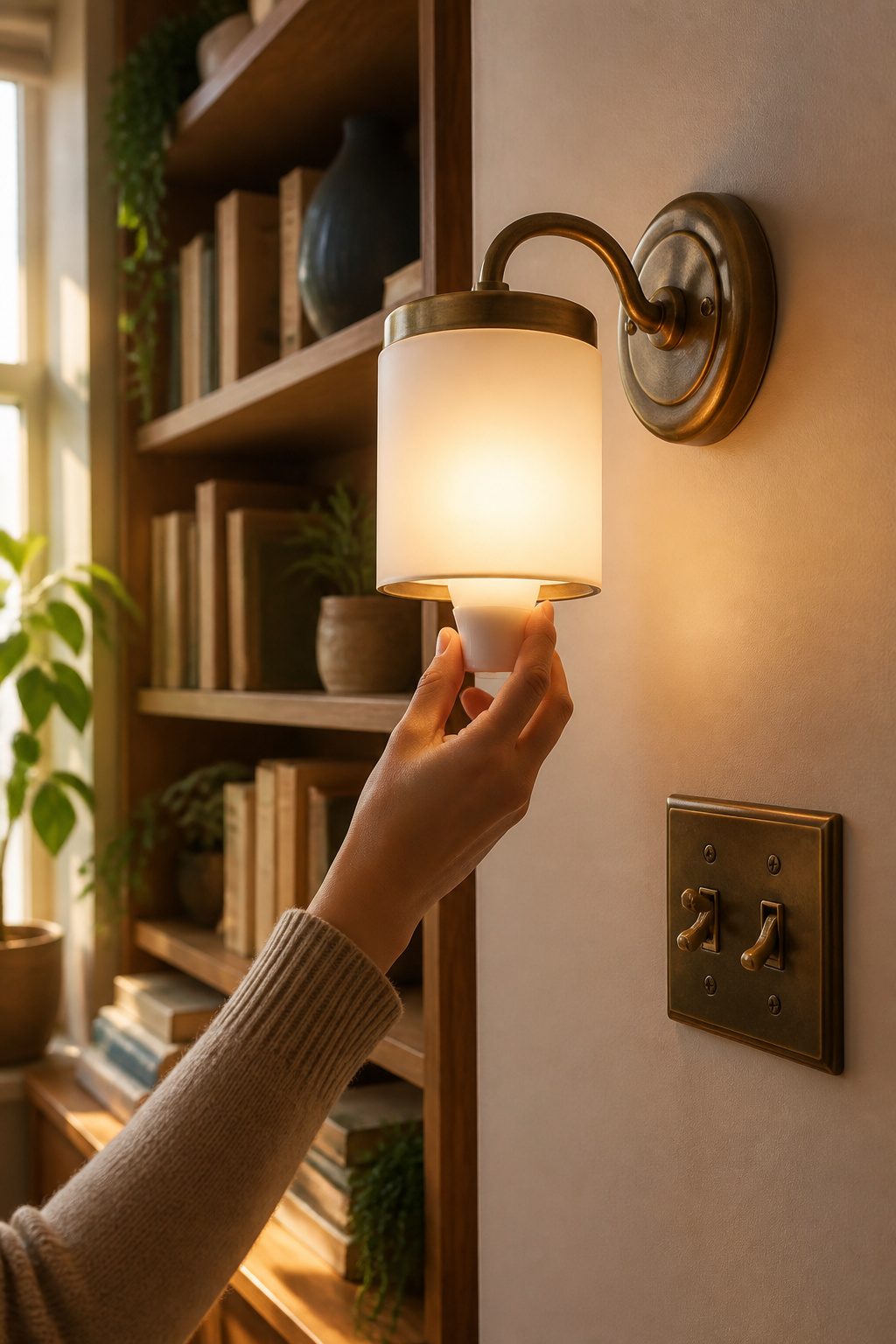 A hand installing an LED bulb into a newly mounted wall sconce.