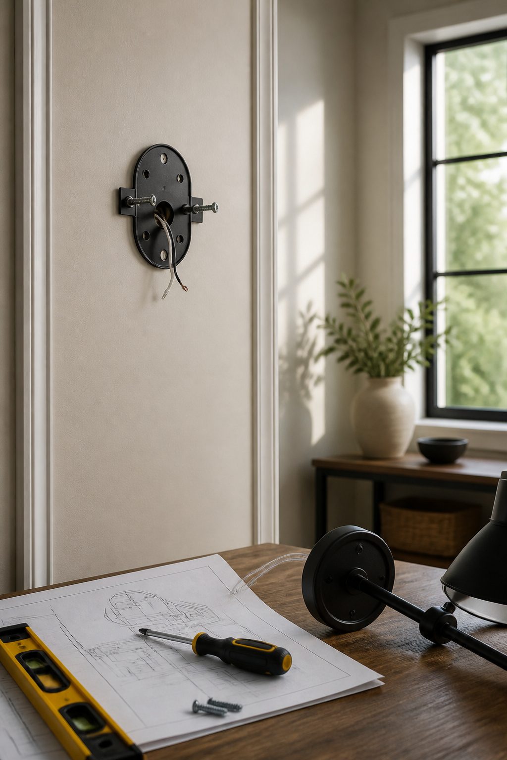 A mounting bracket installed on a beige wall for a new sconce.