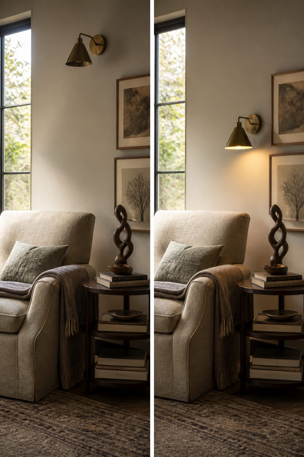 A wall sconce mounted above a reading chair, casting shadows.