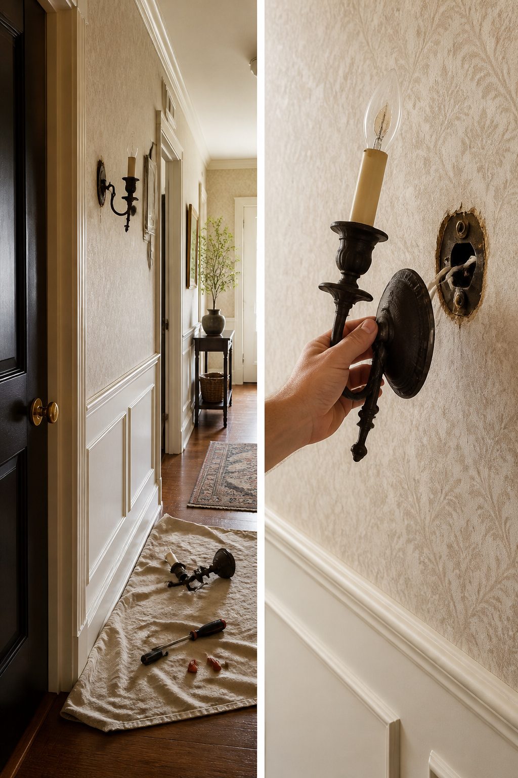 Hands removing an old wall sconce from the mounting plate.