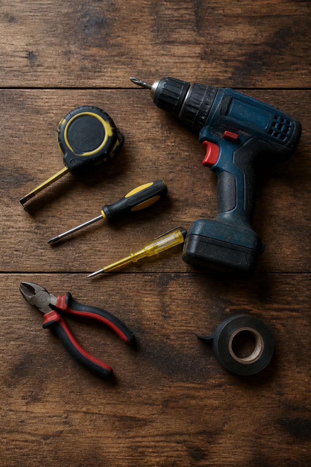 Tools including a drill, screwdriver, and voltage tester on a workbench.