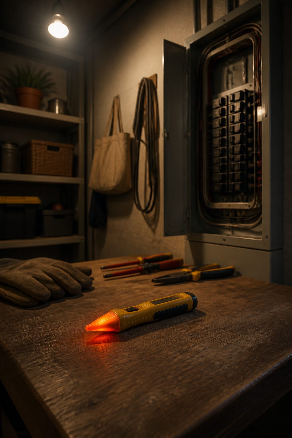 A voltage tester and circuit breaker panel in a dimly lit utility room.