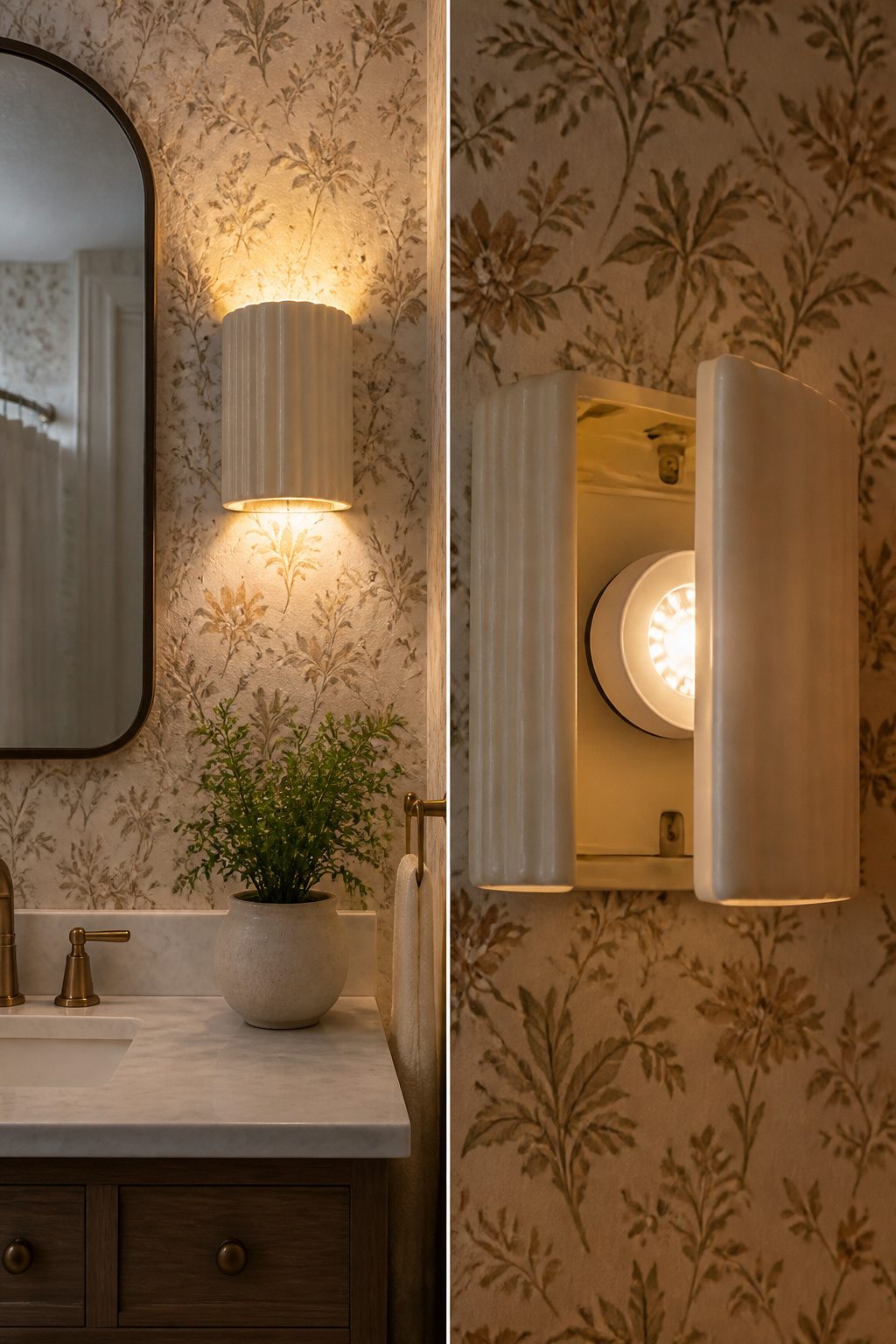 A wall sconce mounted using removable frame hangers on a plaster wall.