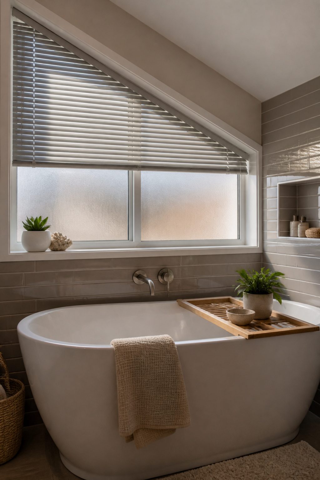 Mini blinds tailored for a uniquely shaped bathroom window.