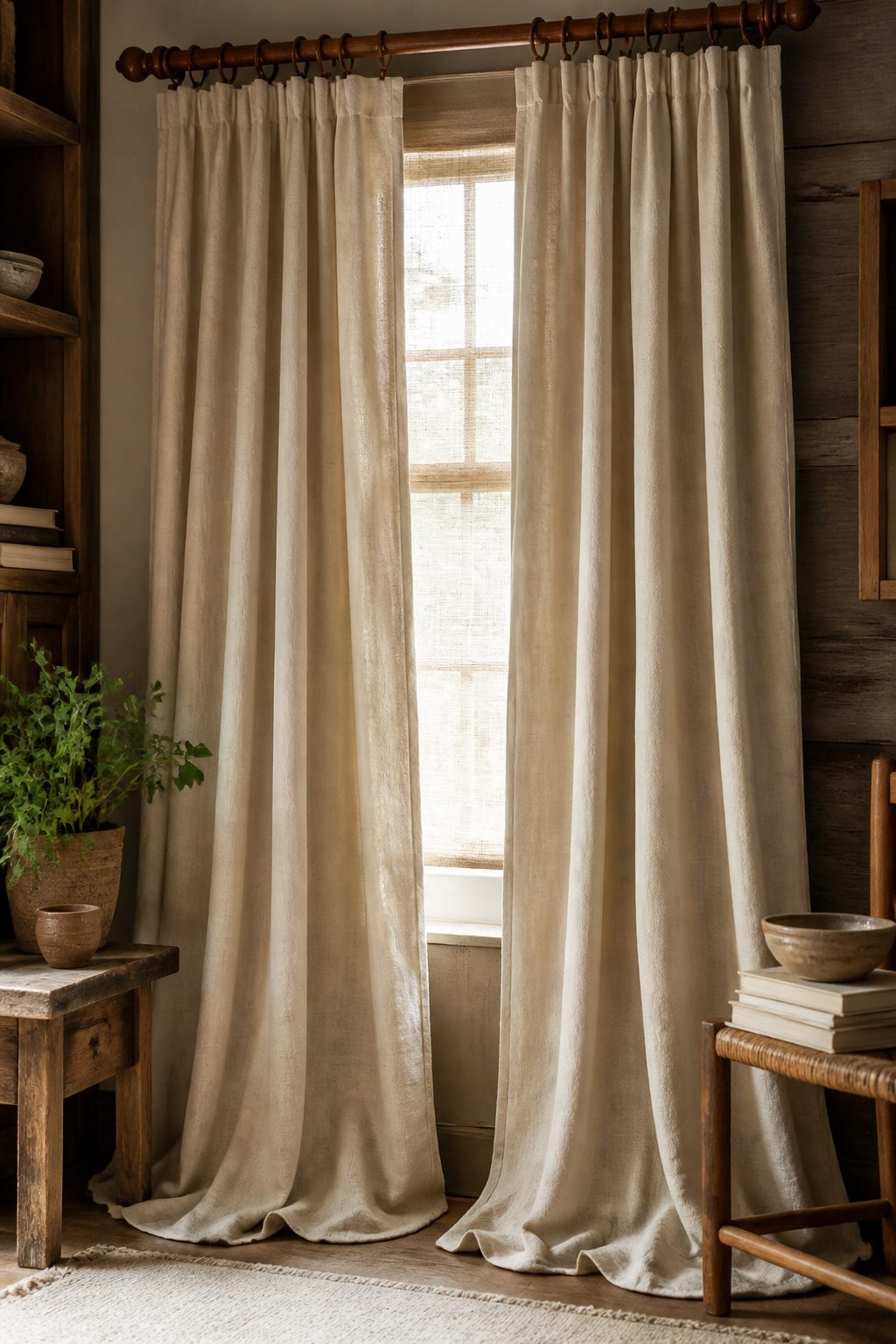 Drop cloth curtains hanging in a cozy living room setting.