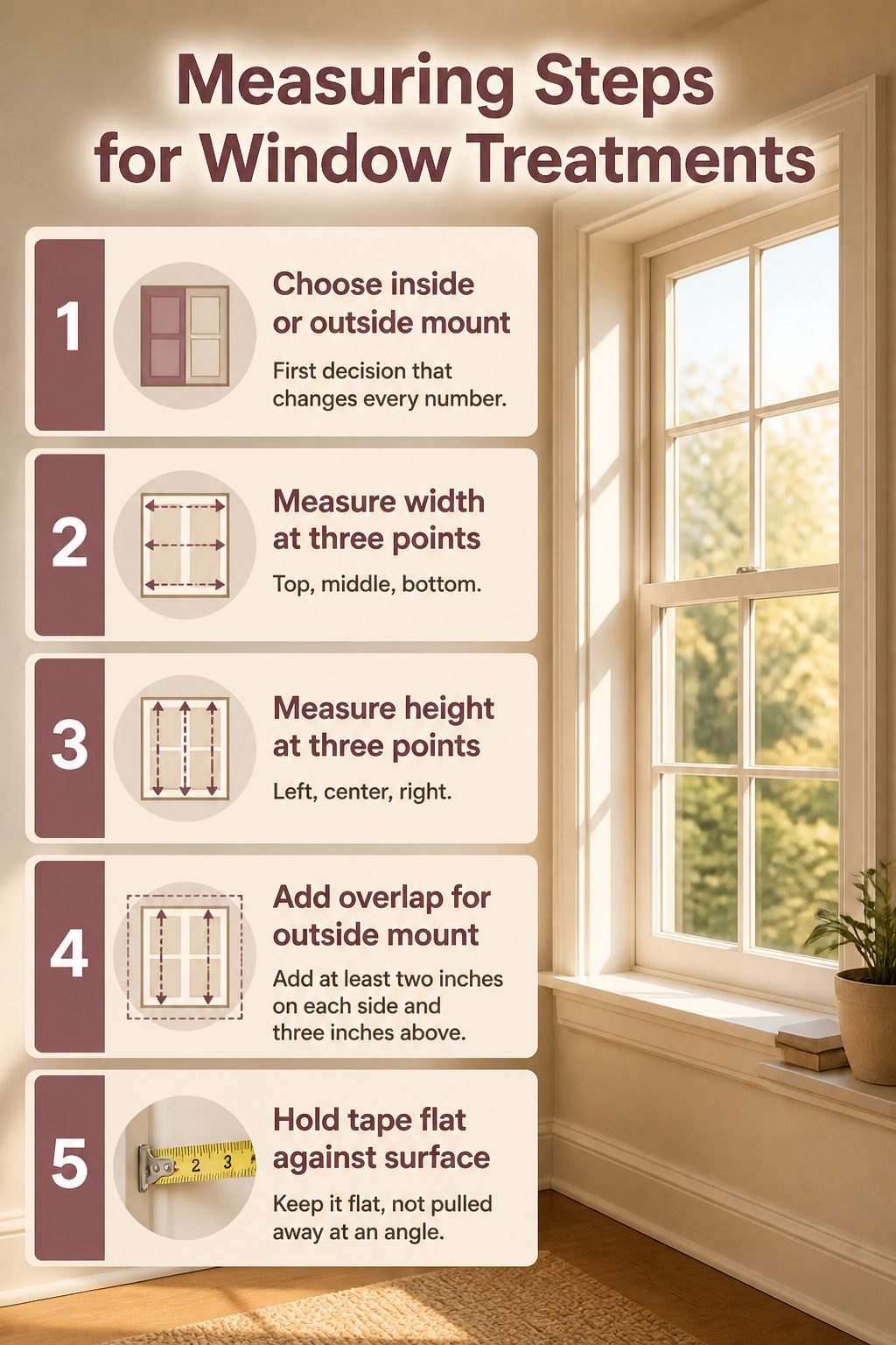 Diagram showing measuring steps for window treatments.