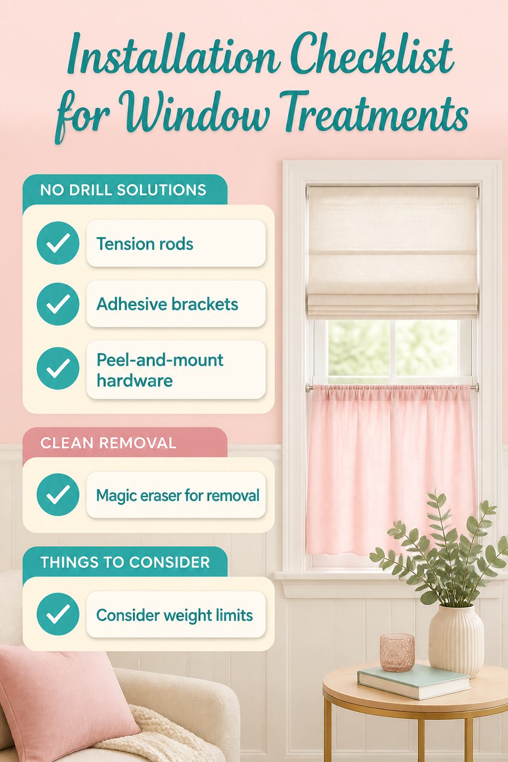 Checklist for installing window treatments without using a drill.