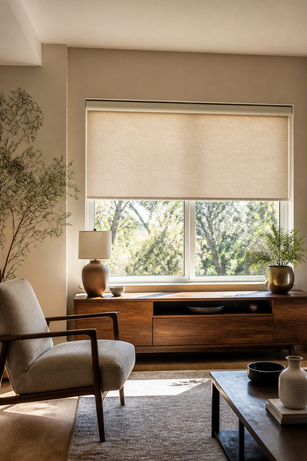 Motorized roller shades installed above a large window in a modern room.