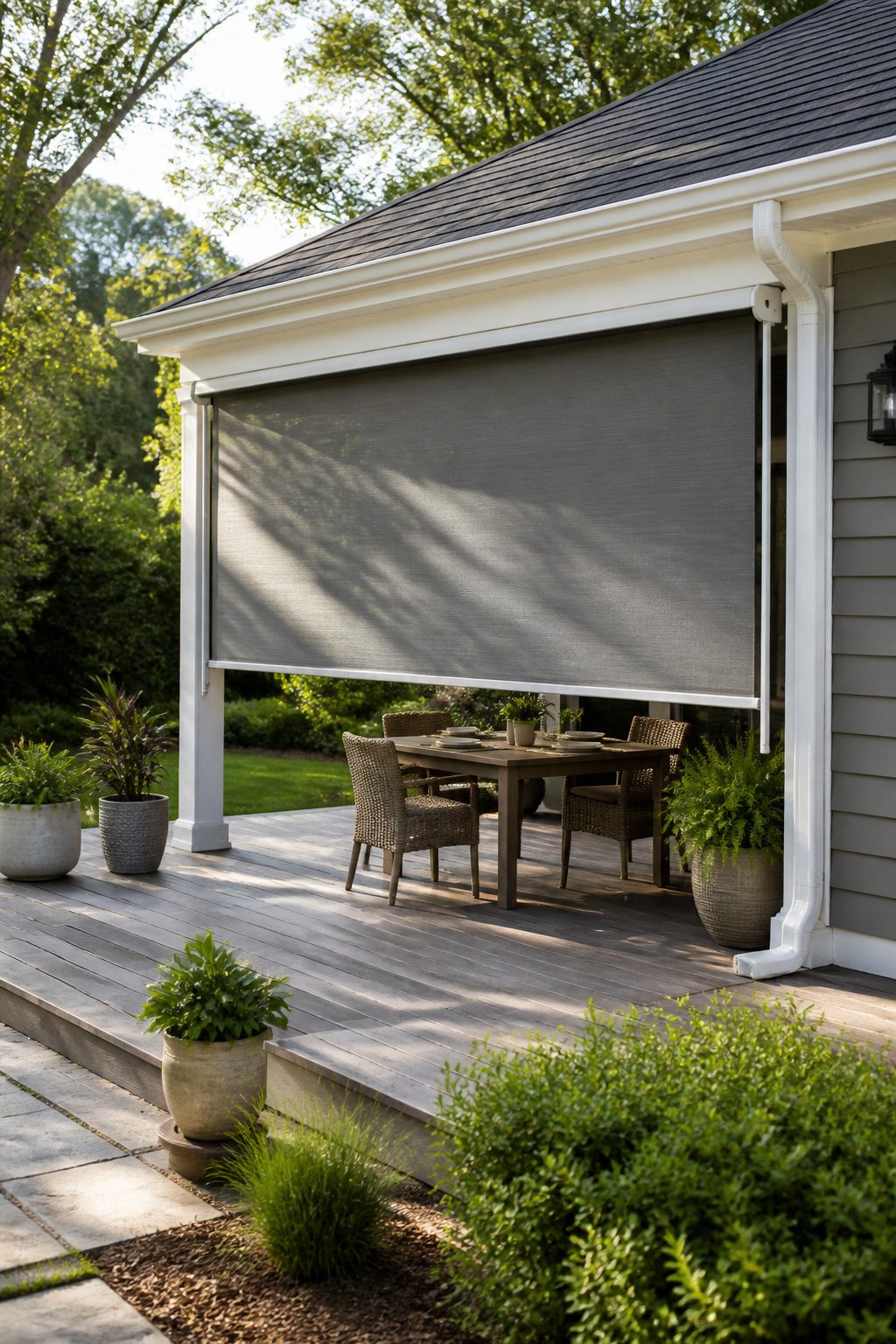 Vinyl outdoor shades protecting a patio from sunlight.