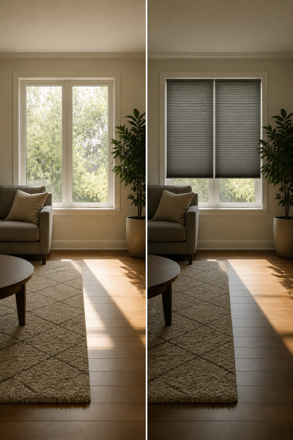 Cellular shades in a window, designed for insulation and light control.