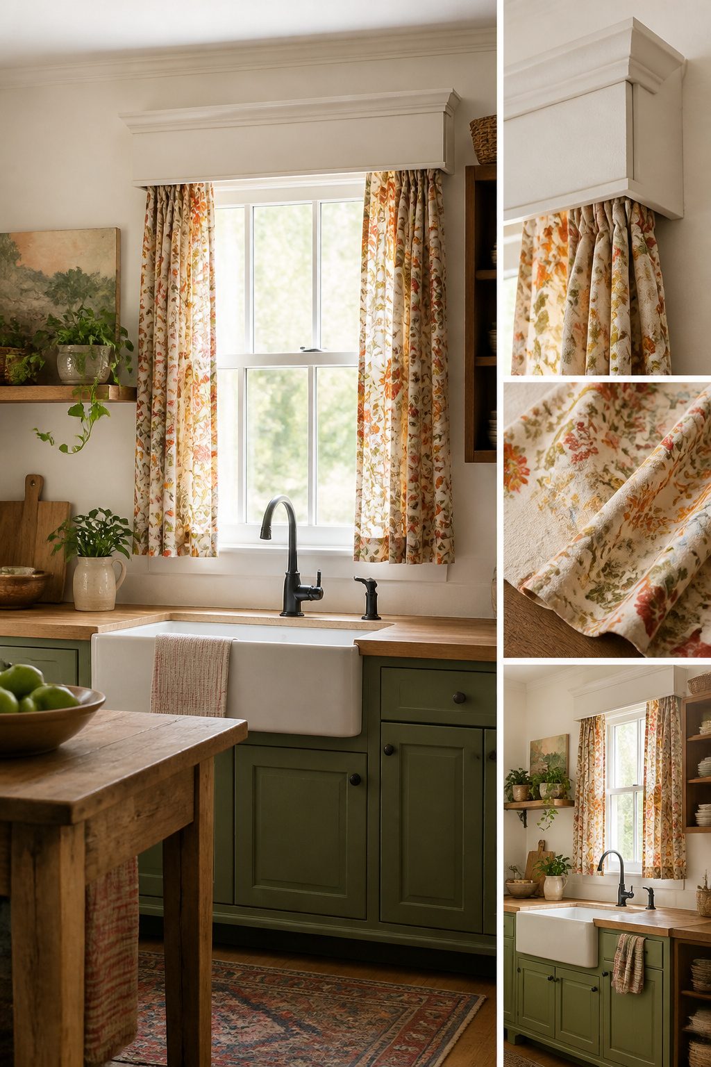 DIY valance made from fabric and foam board above a kitchen window.