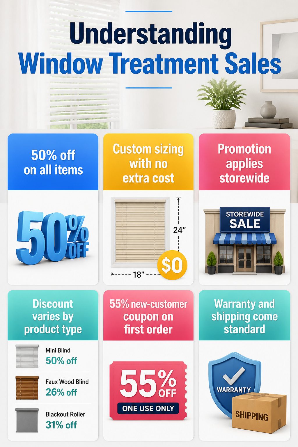 Visual representation of sales and discounts on window treatments.