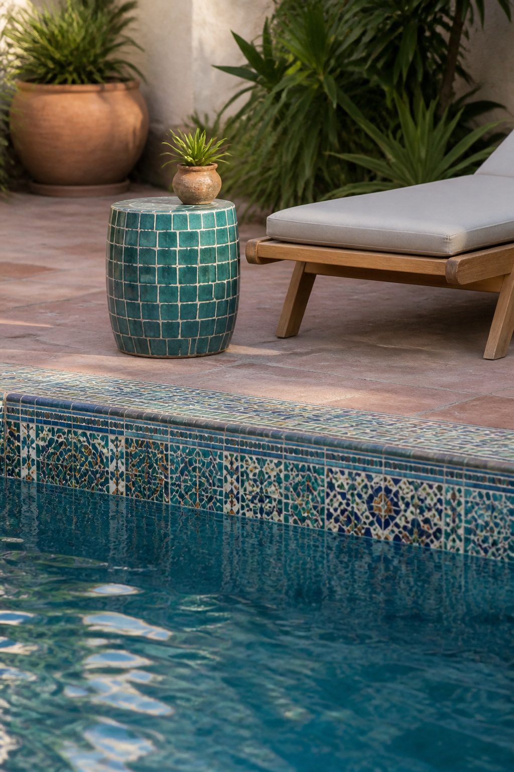 Intricate ceramic tiles forming a mosaic along the edge of a pool.