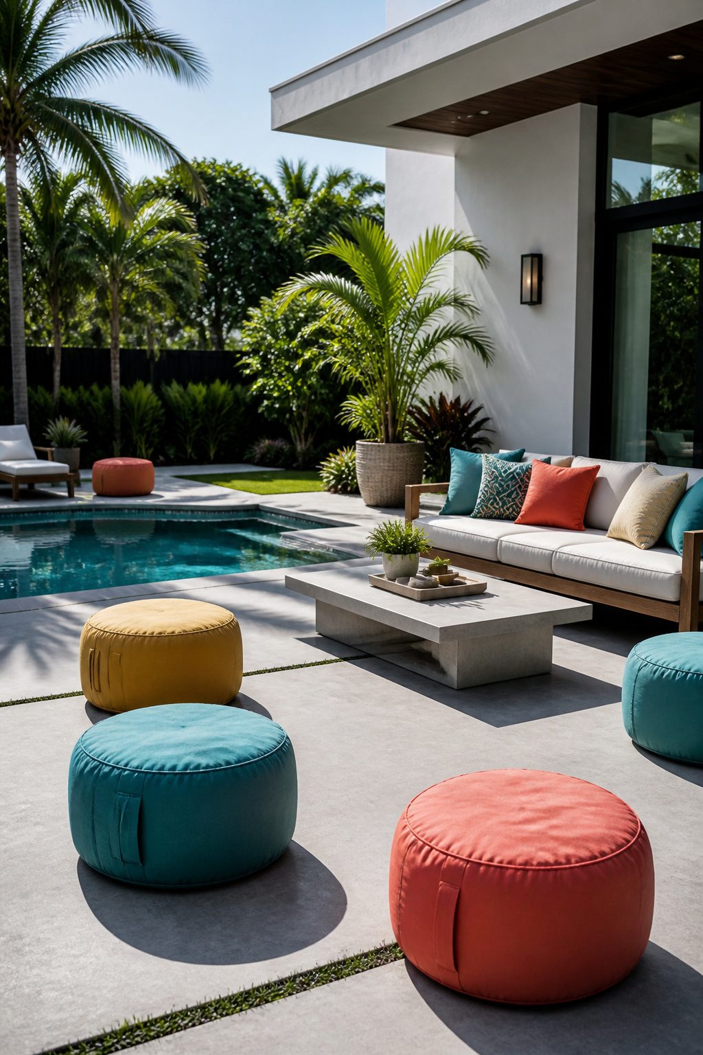 Brightly colored poufs and cushions arranged around a pool area.