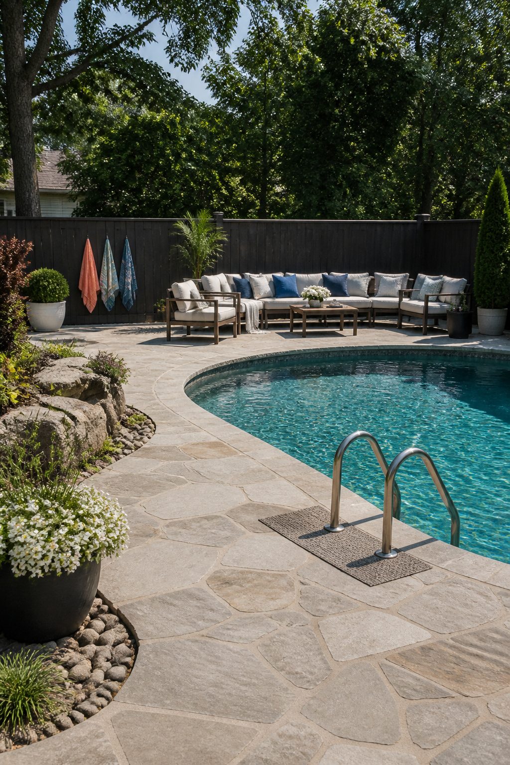 A layout of seating and tables organized for optimal poolside use.