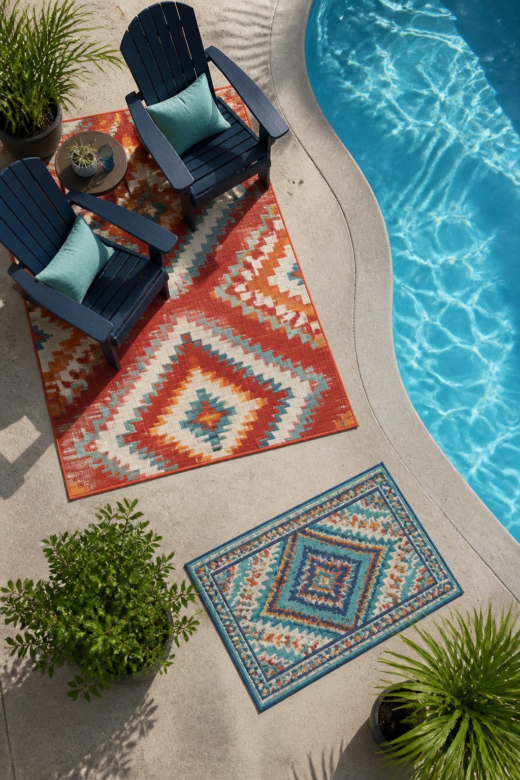 Two polypropylene rugs laid out on a pool deck area.
