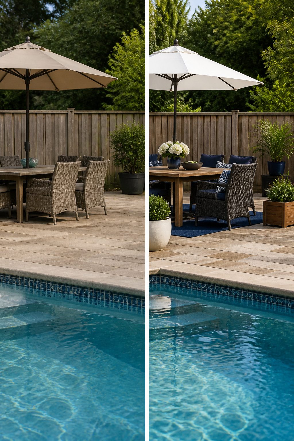 A selection of navy and white outdoor decor elements arranged poolside.