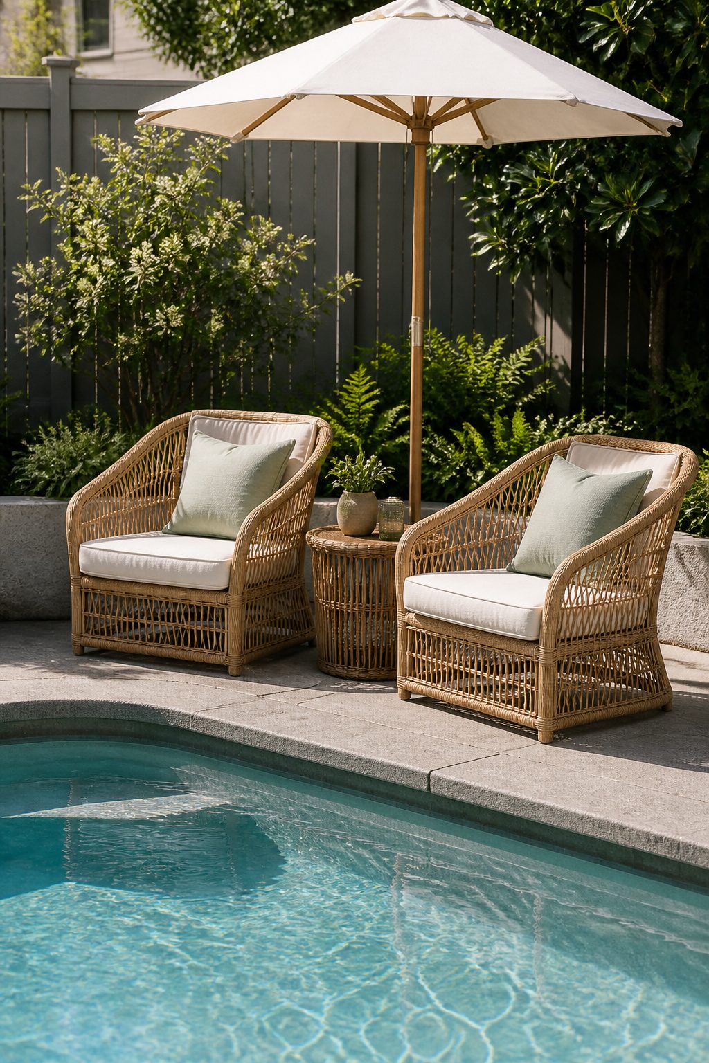 Resin wicker armchairs and a side table arranged by the shallow end of the pool.