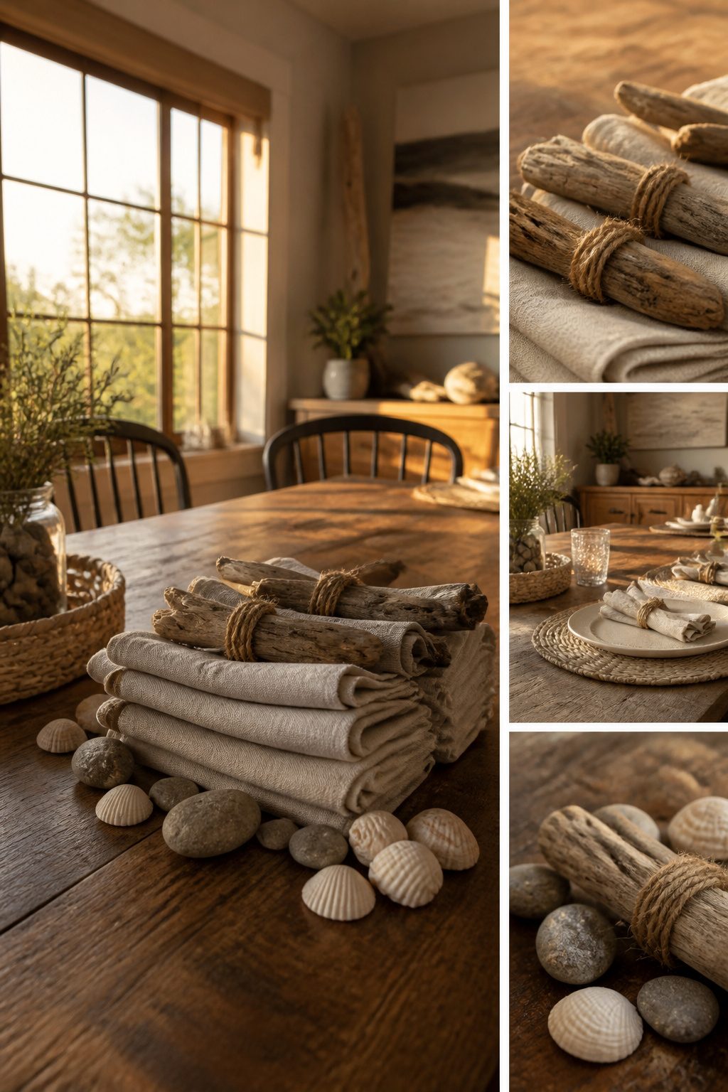 Handmade napkin rings made of driftwood and twine.