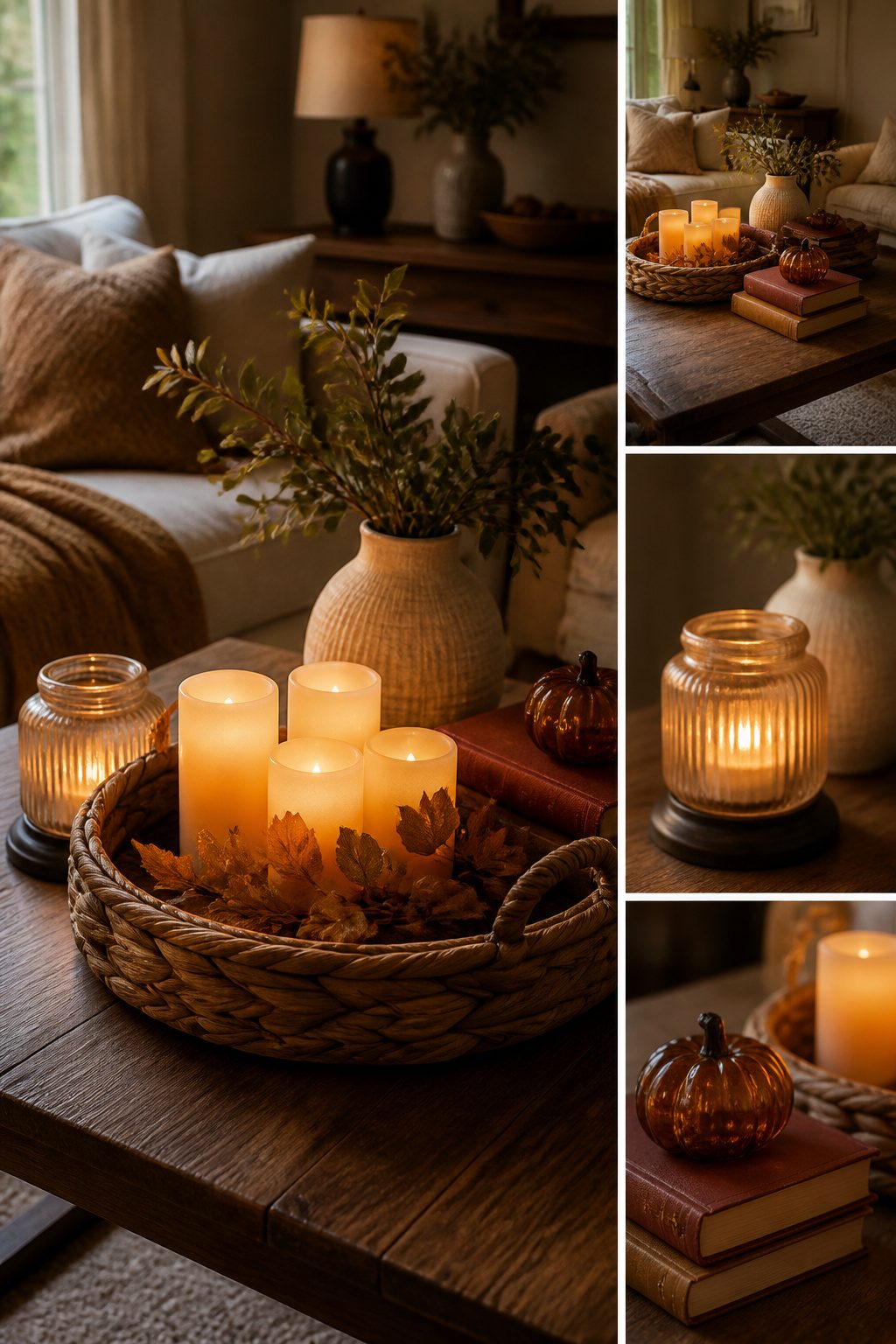 Candles and books arranged in a decorative setting.