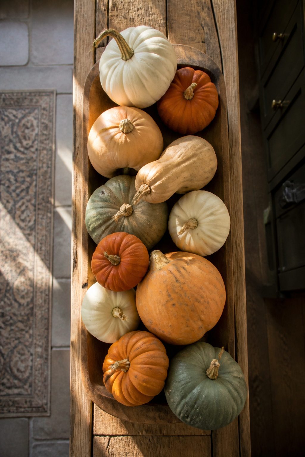 A collection of pumpkins arranged on a shelf.