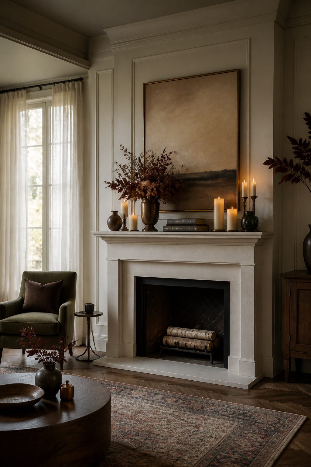A styled mantel with various decor elements and candles.