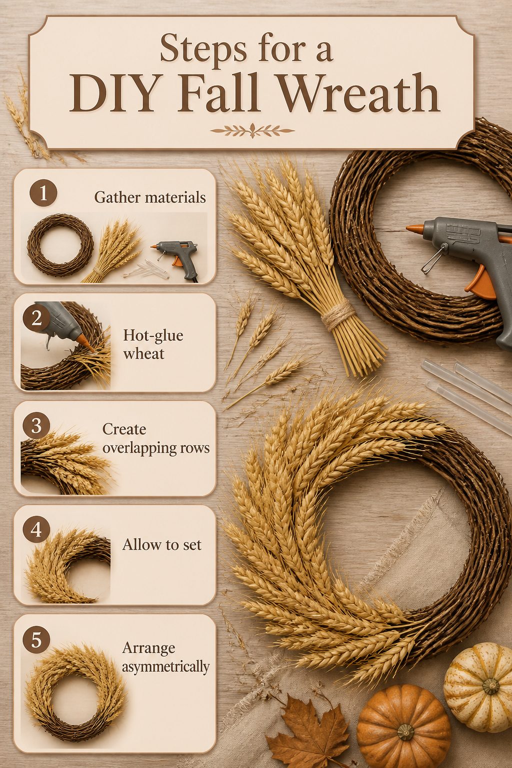 Supplies laid out for creating a grapevine wreath.