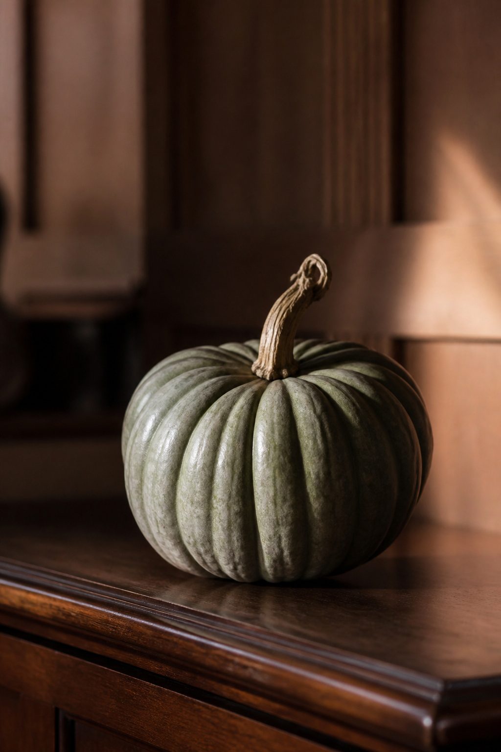 A single white pumpkin displayed on a table.