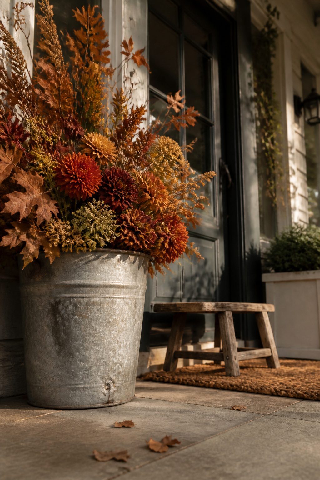 A bucket filled with dried flowers on a porch.