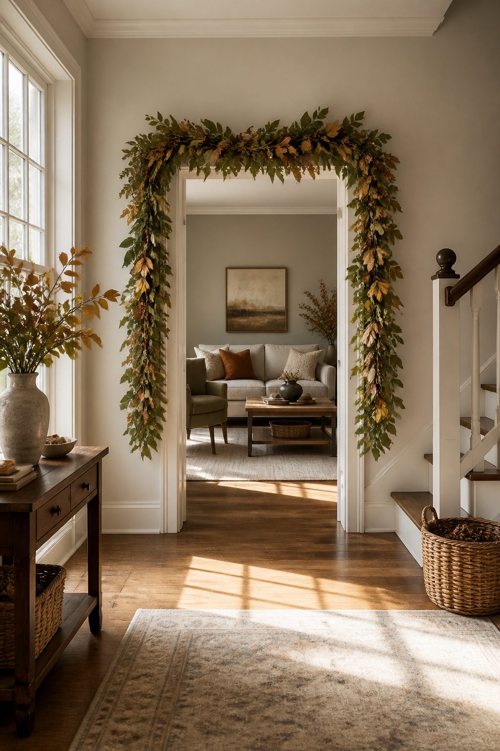 Garland draped around a doorframe for seasonal decor.