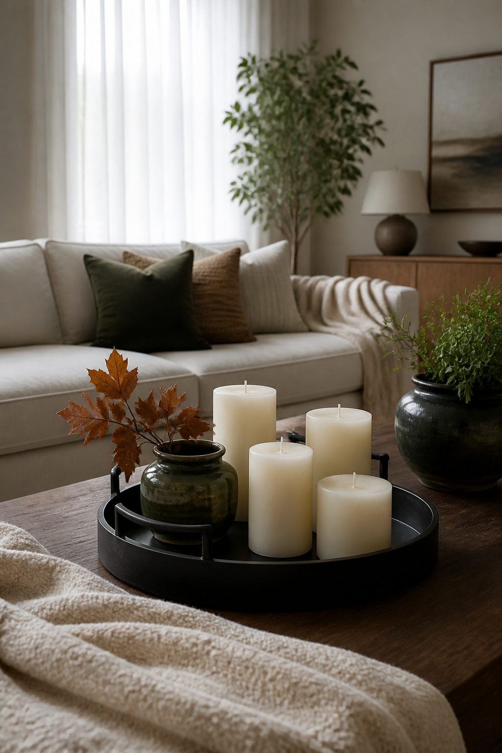 Cream candles arranged on a black tray on a coffee table.