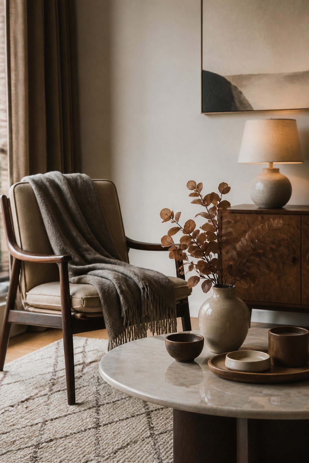 A chair draped with a taupe throw and a vase of dried eucalyptus.