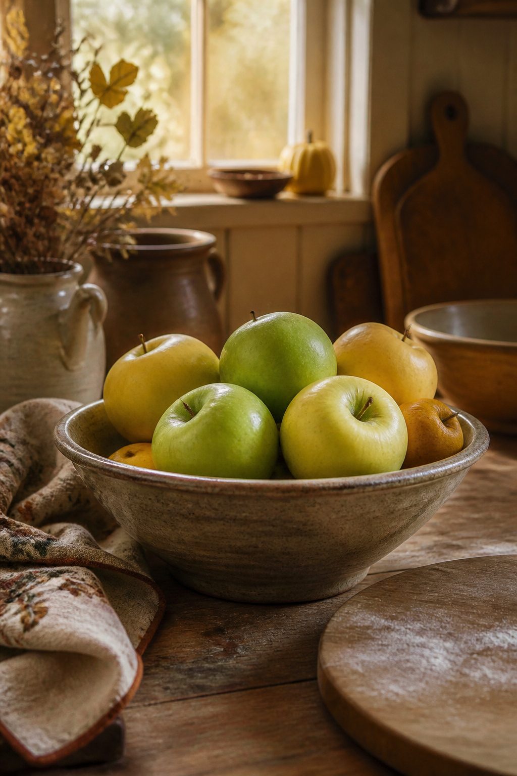 A bowl filled with green and red apples on a table.