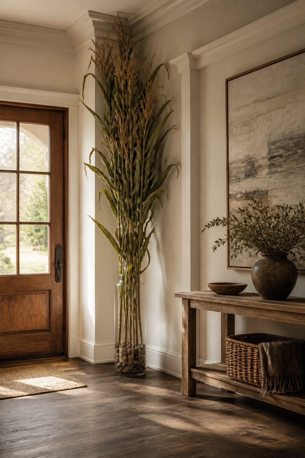 Tall corn stalks positioned around a doorway for seasonal decor.