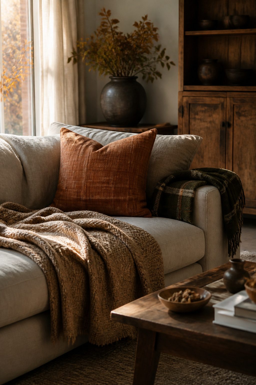 A sofa adorned with various throws and pillows.