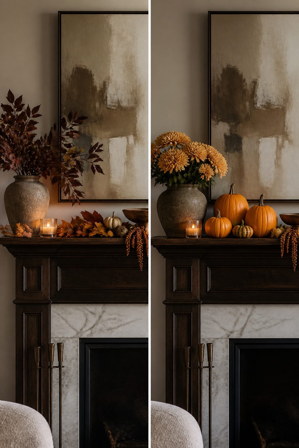A mantel adorned with real pumpkins and faux foliage arranged together.