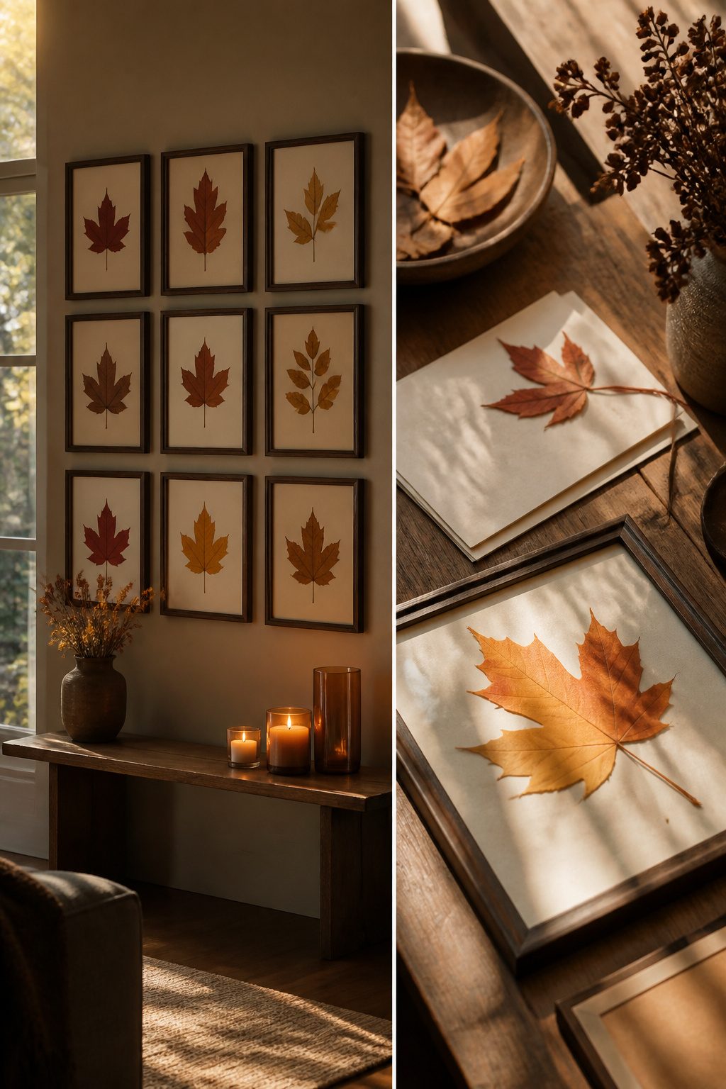 Framed pressed leaves arranged on a wall.