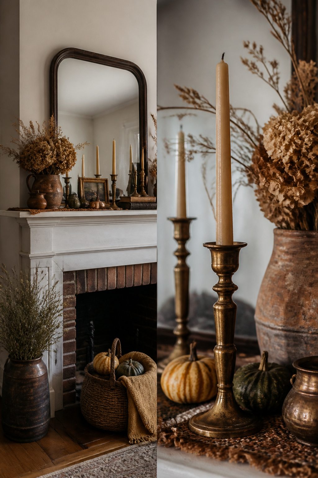 Brass candlesticks placed on a mantel with seasonal decor.