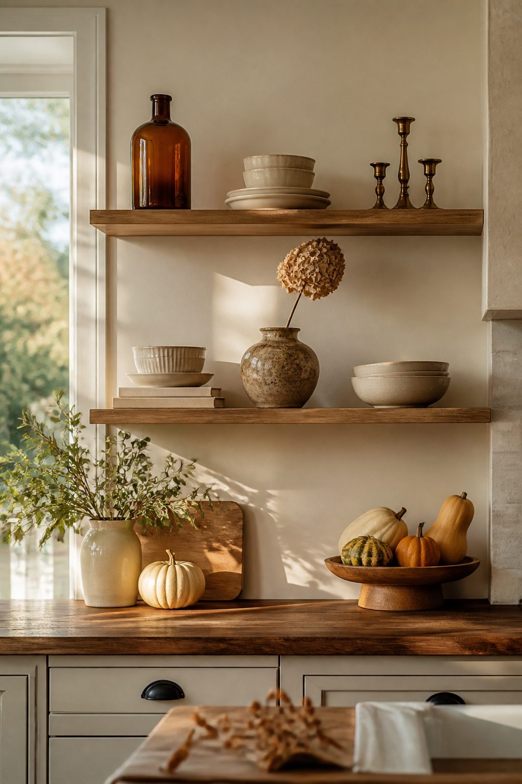 Decorated open shelves with glass bottles and ceramics.