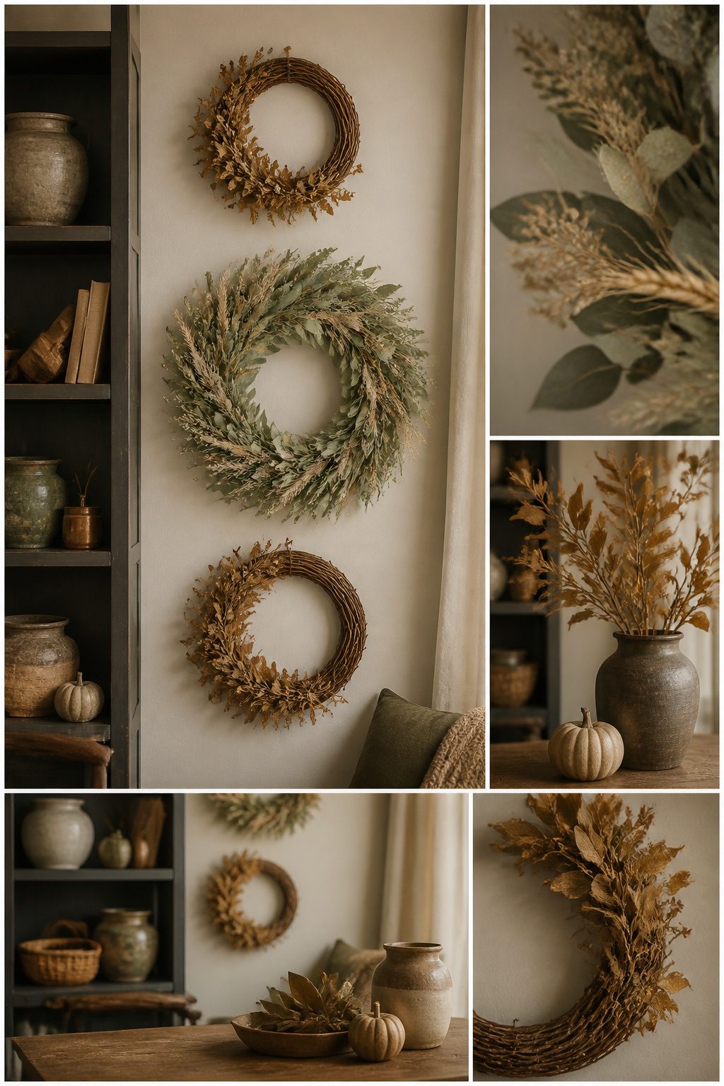 A vertical arrangement of three wreaths on a wall.