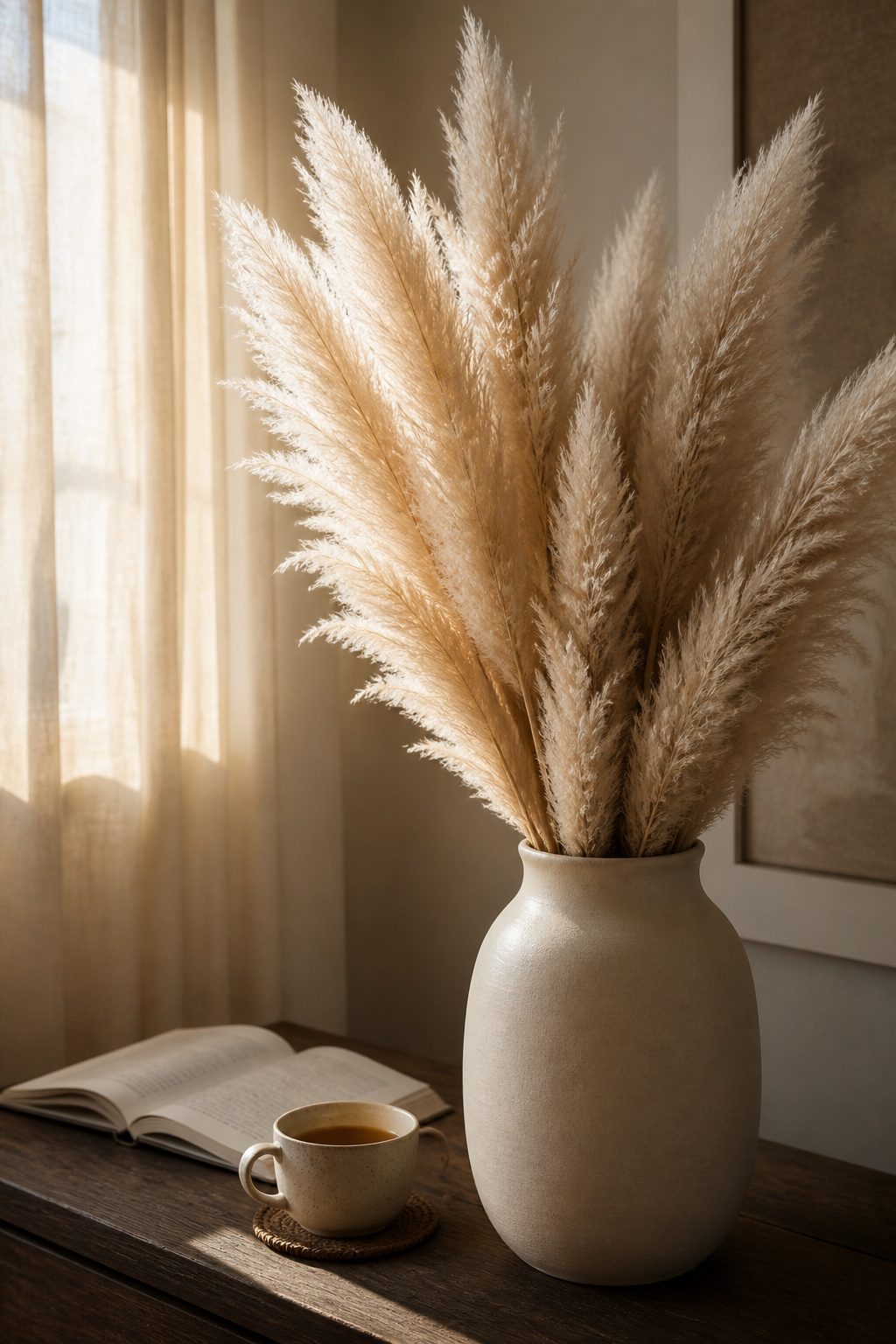 A vase with pampas grass placed in a corner, showcasing its height.