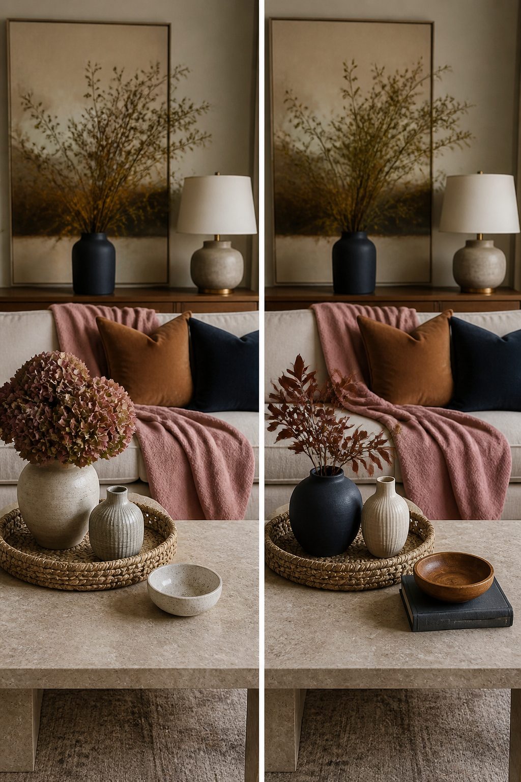 A dining room featuring pinks and rattan decor.