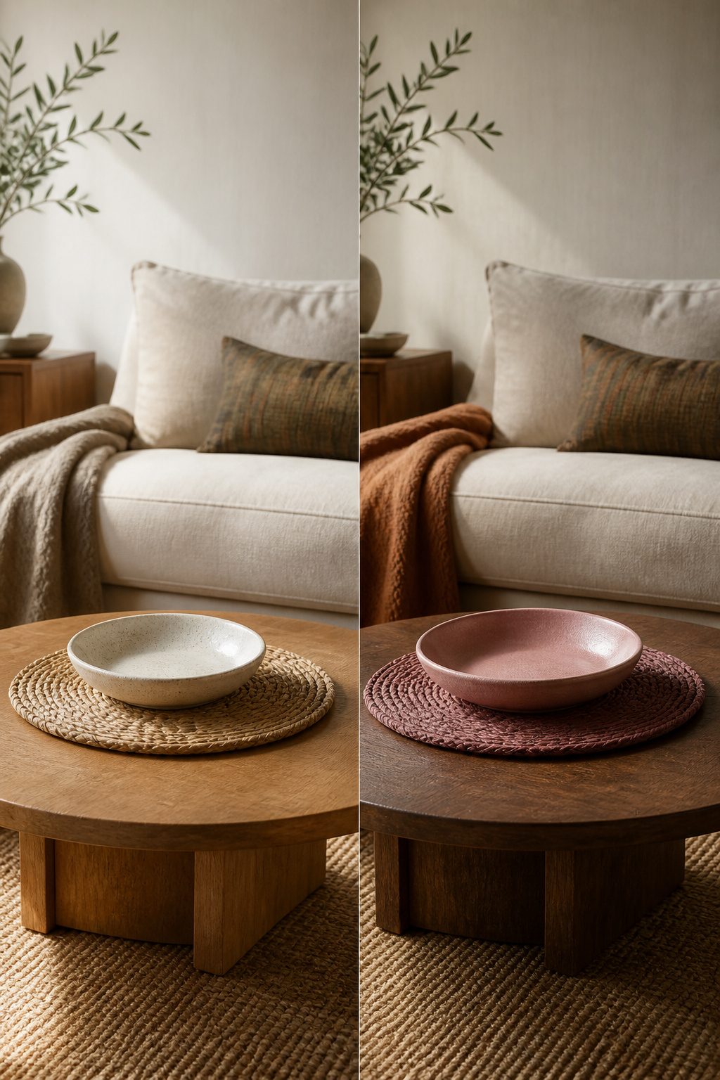 A living room featuring pink accents and natural wood.