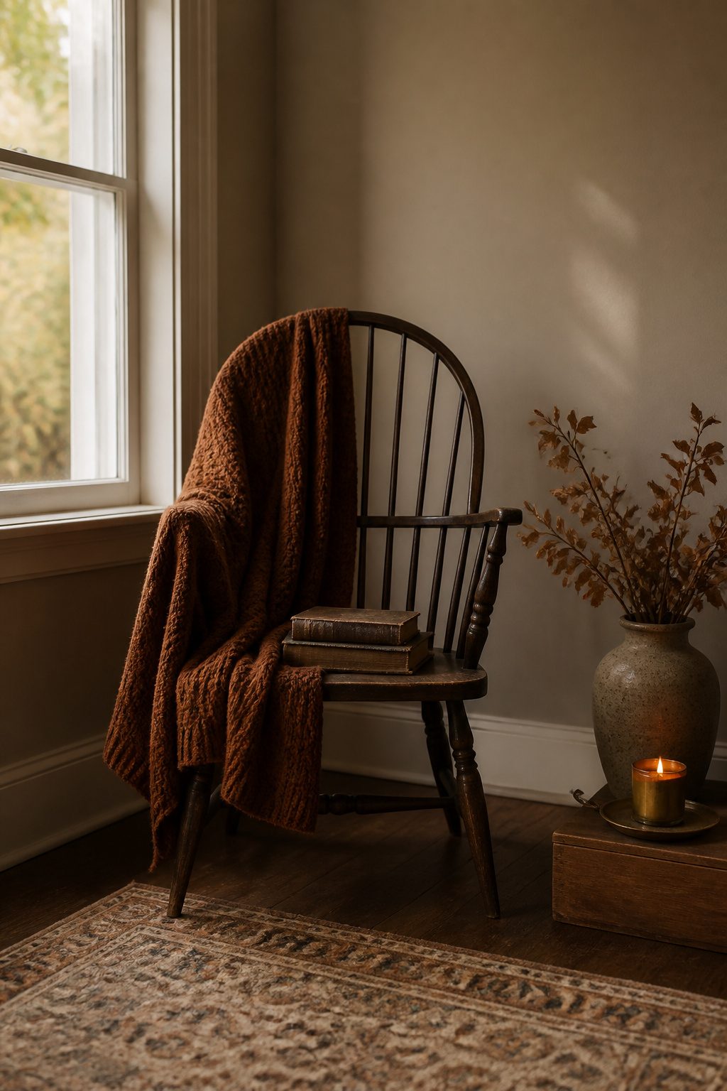 A chair with a throw blanket and books on its seat.