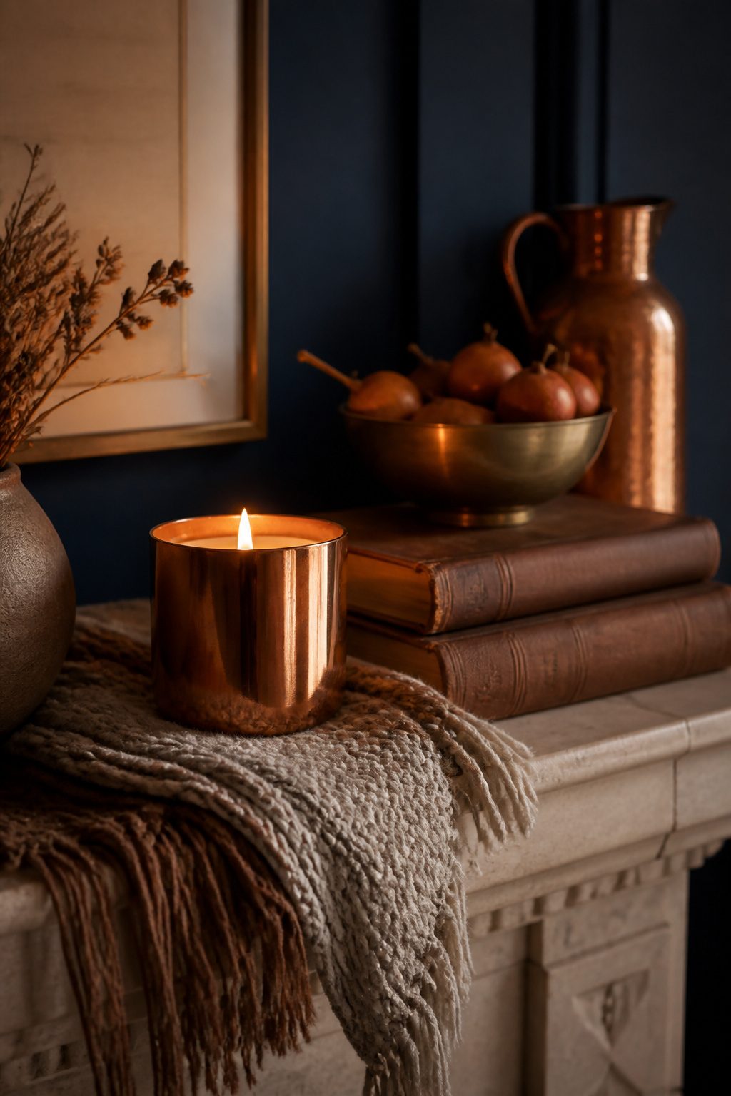A copper candle surrounded by textiles and decor on a mantel.
