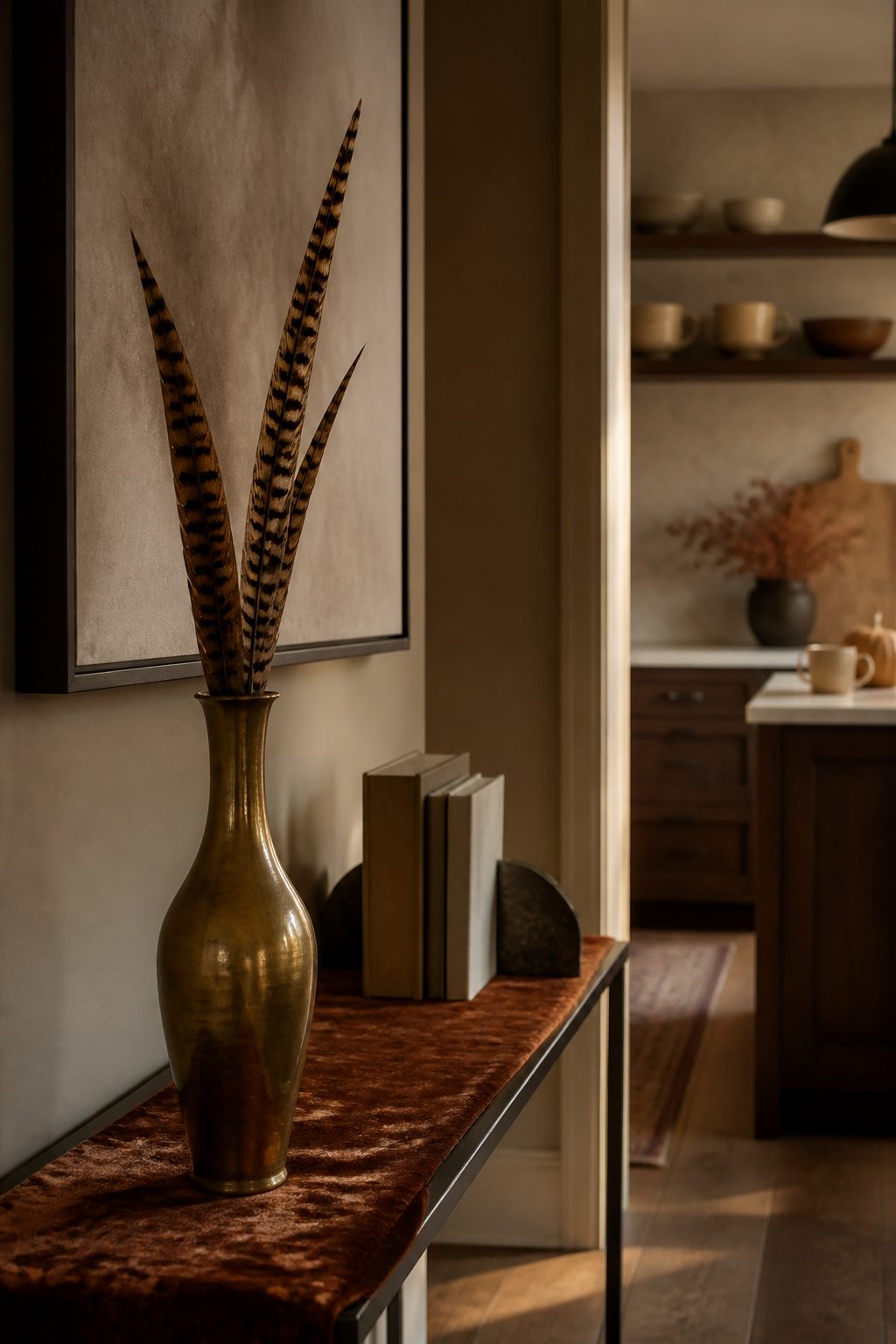 A brass vase holding long pheasant feathers on a table with books.