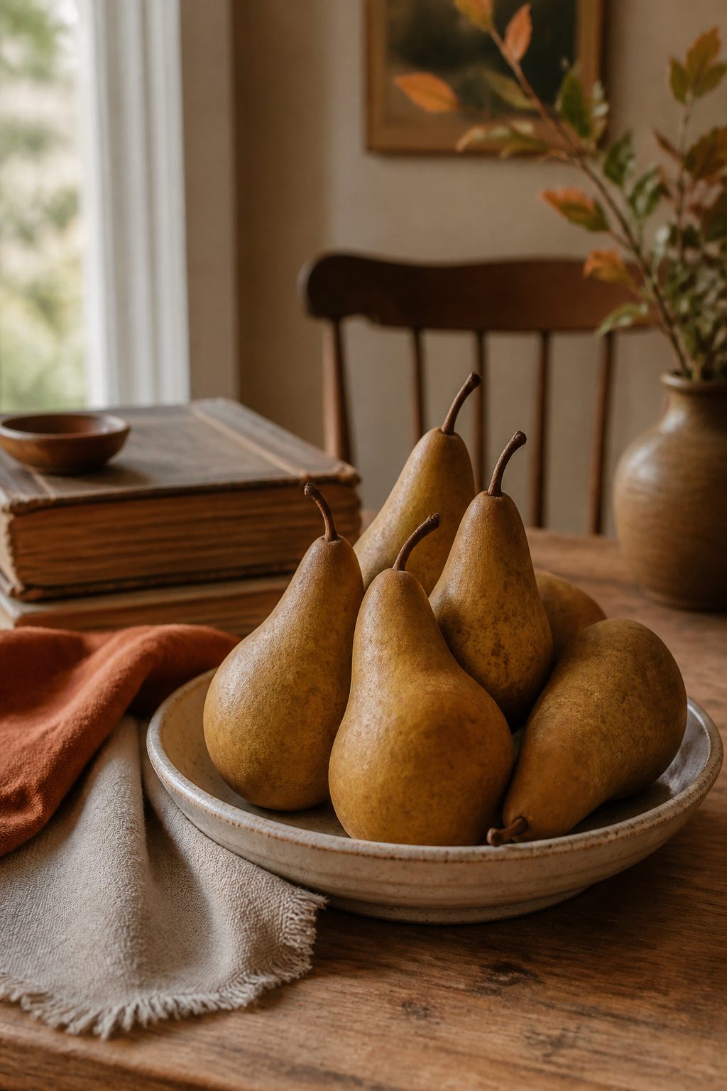 A single pear atop a dish on a dining table.